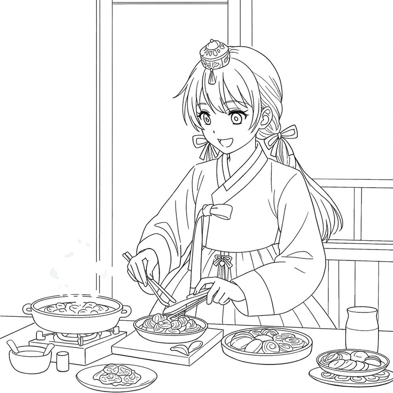 tranh tô màu anime cổ trang nữ cute
