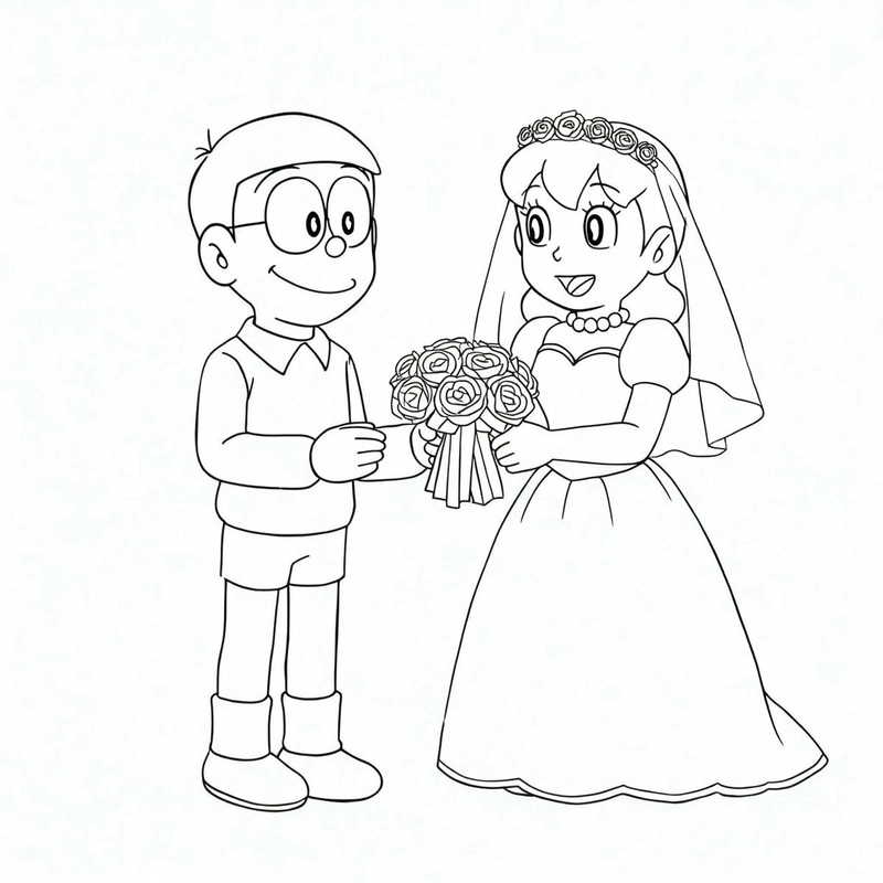 tranh tô màu nobita cưới shizuka
