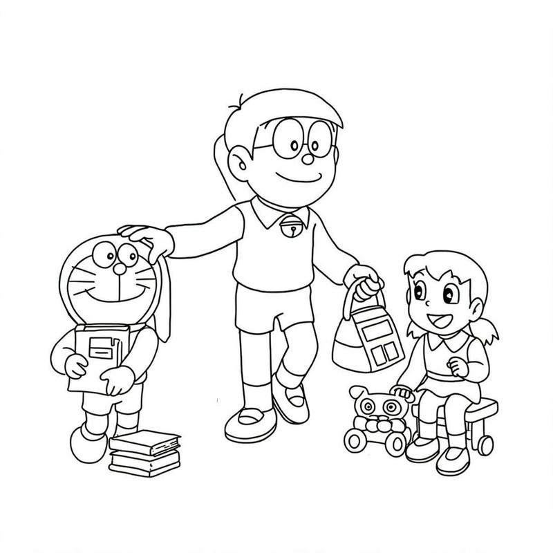 tranh tô màu nobita giúp đỡ bạn bè