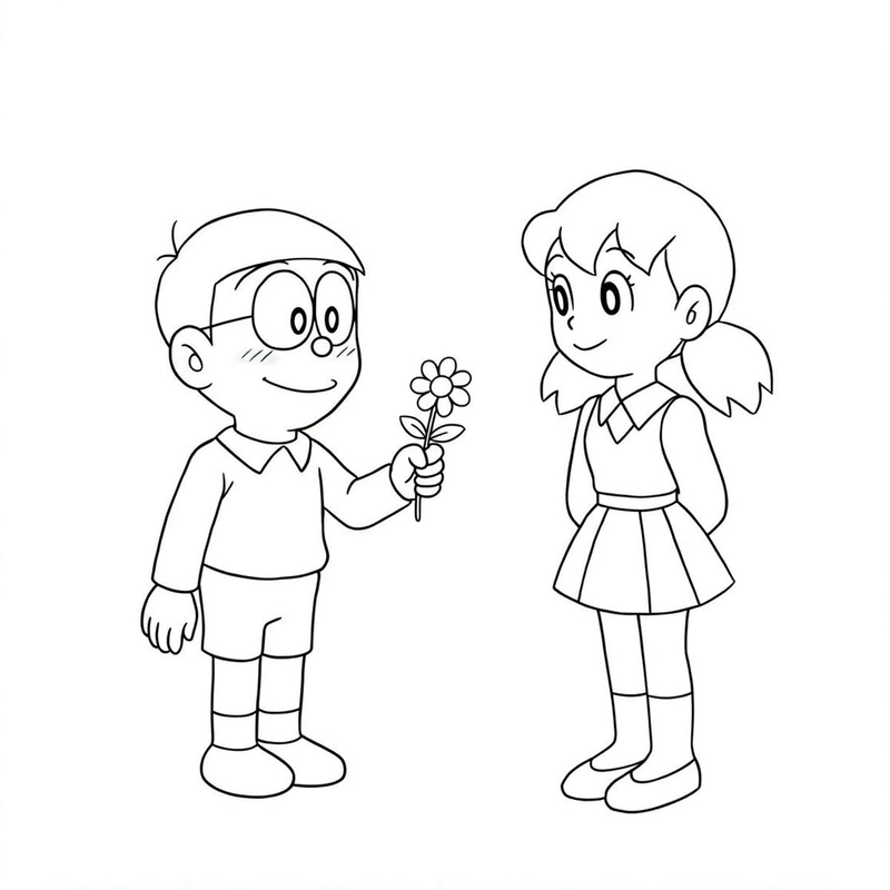tranh tô màu nobita tặng hoa shizuka