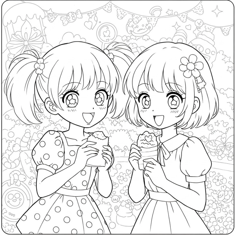 tranh tô màu 2 bạn nữ anime
