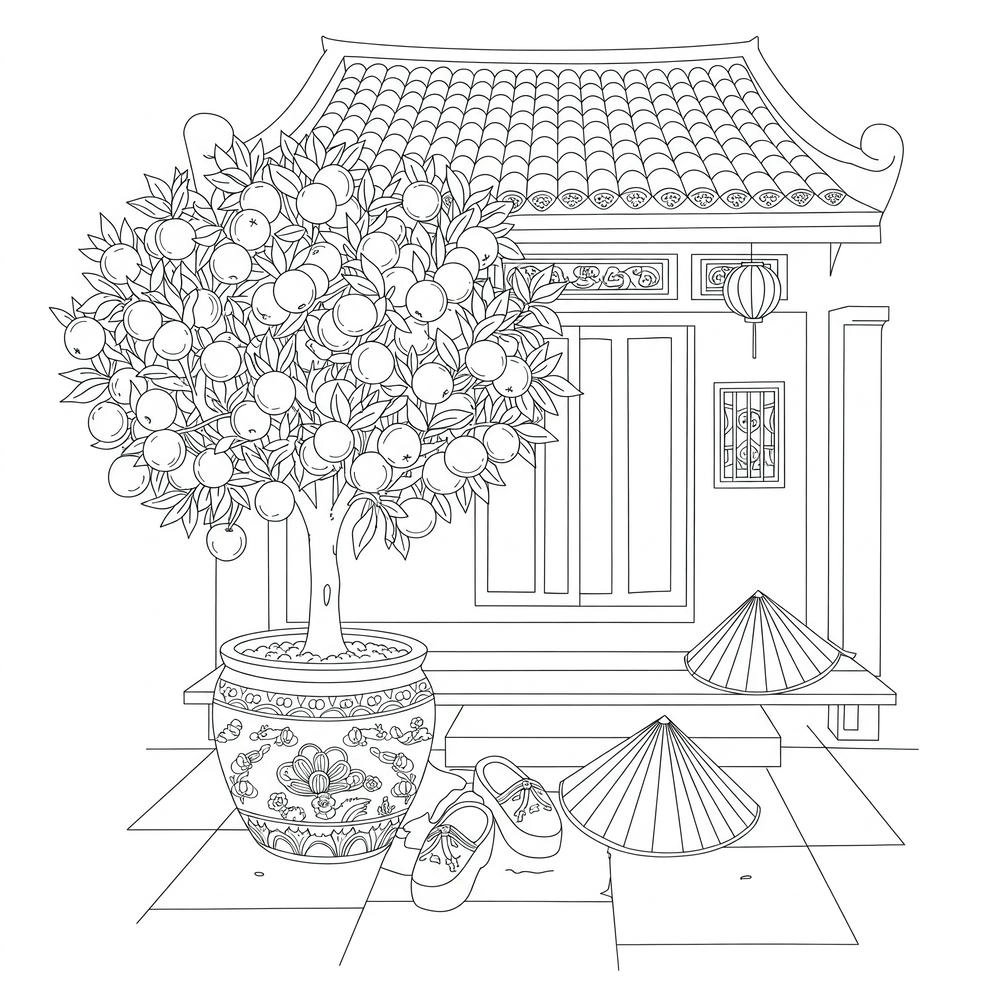 tranh tô màu cây quất tết cổ truyền