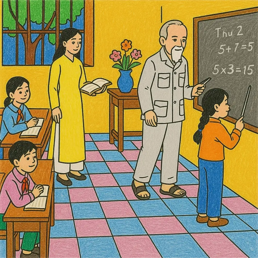 tranh vẽ bác hồ với thiếu nhi cười 