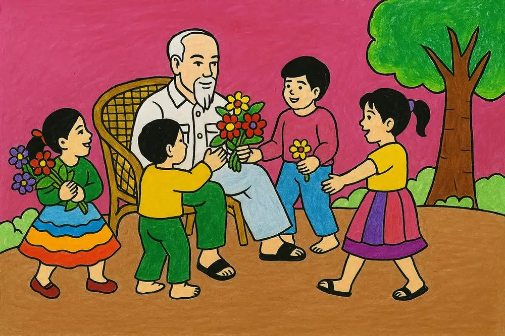 tranh vẽ bác hồ và thiếu nhi hòa bình 