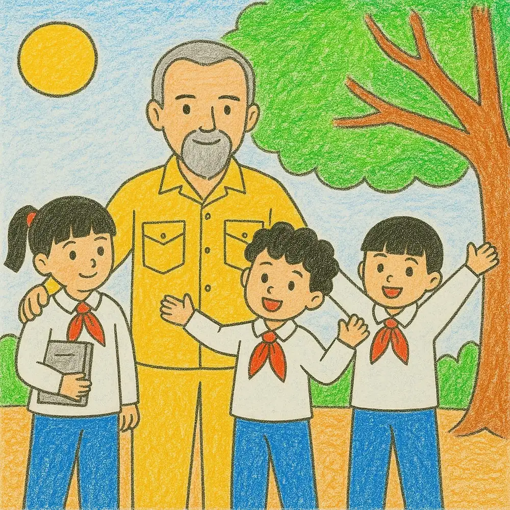 tranh vẽ bác hồ và thiếu nhi chào đón 