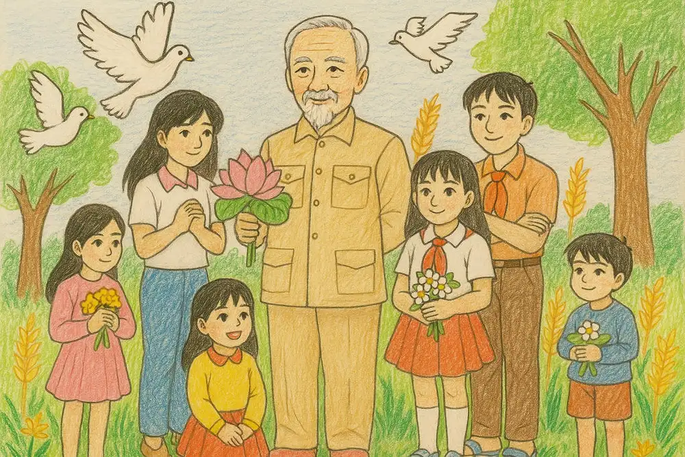 tranh vẽ bác hồ với thiếu nhi