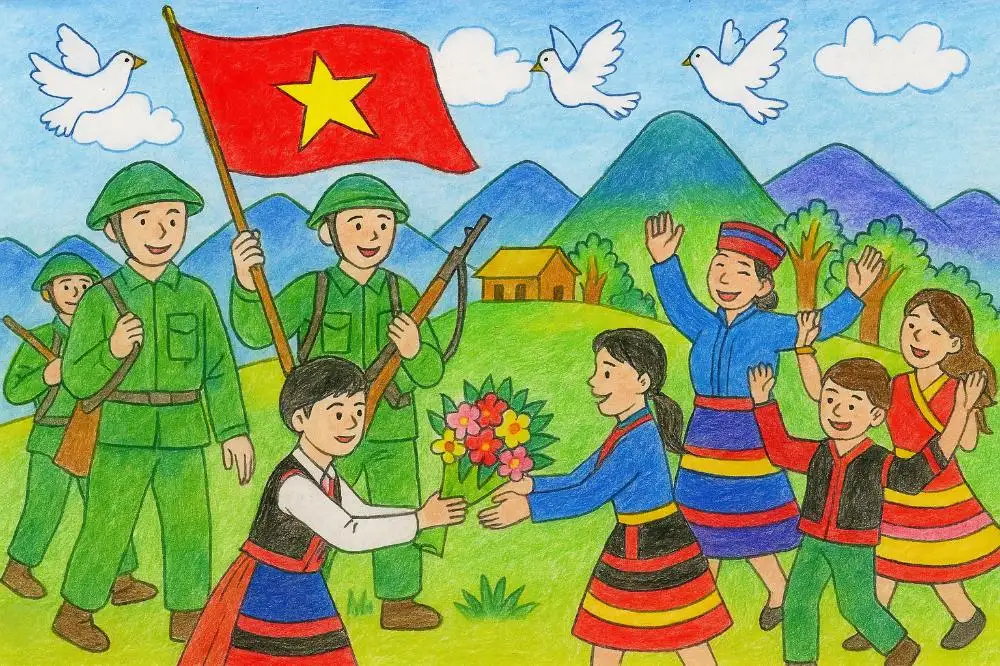 vẽ tranh ăn mừng chiến thắng điện biên phủ vui tươi 