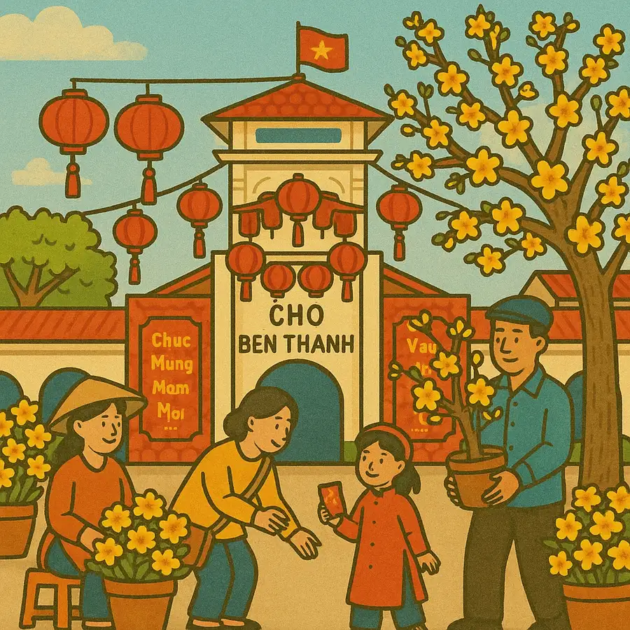 bức tranh chợ bến thành do học sinh vẽ 