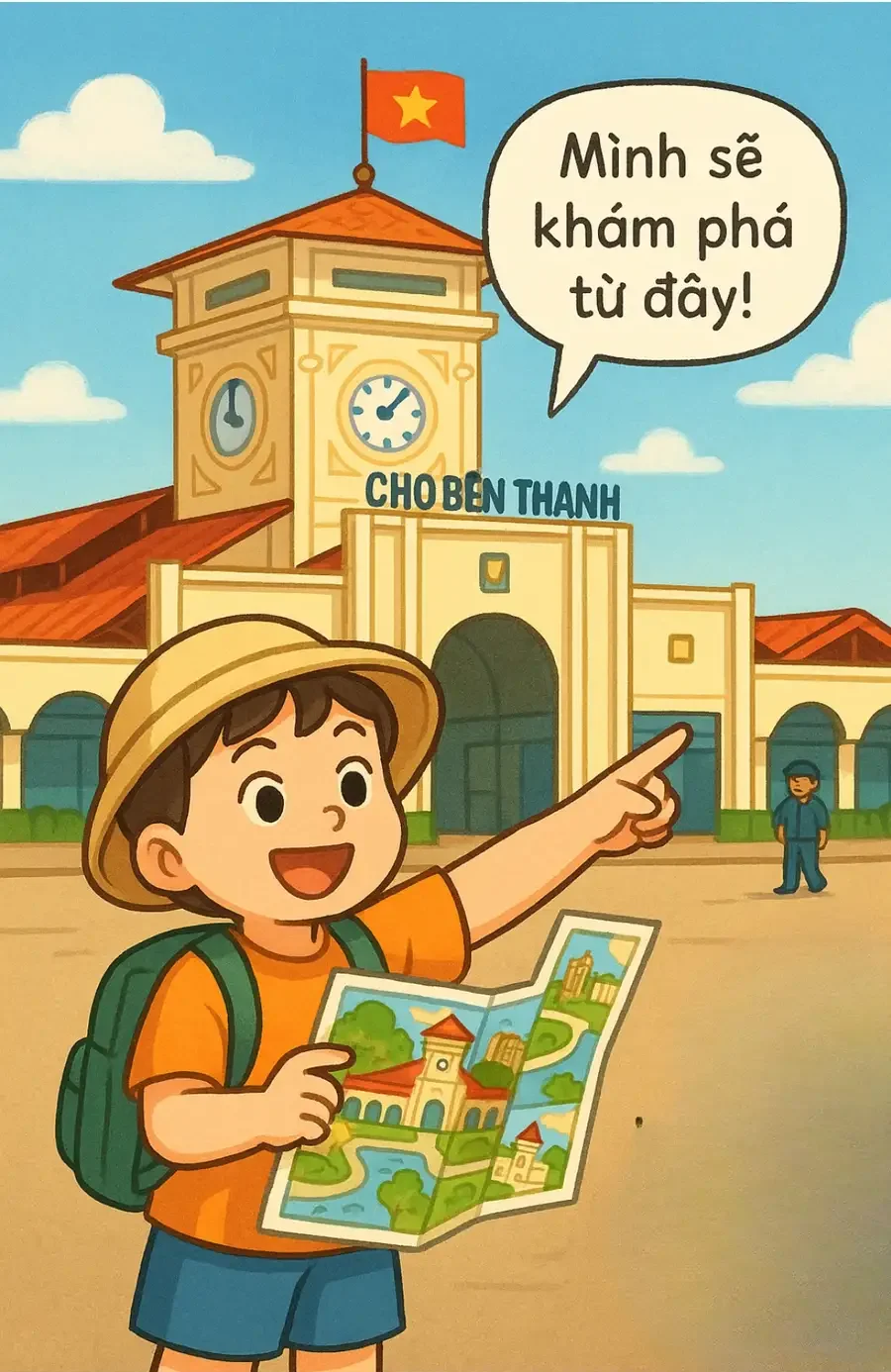 hình vẽ tay về chợ bến thành 