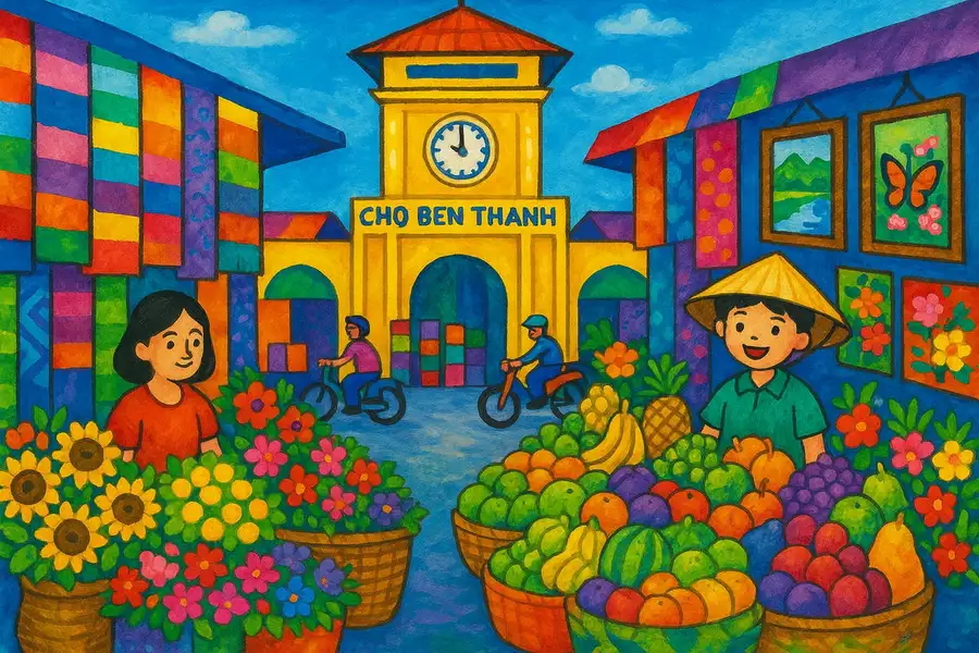 hình ảnh chợ bến thành qua tranh vẽ 