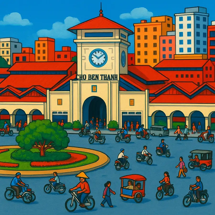 bức vẽ phong cảnh chợ bến thành 