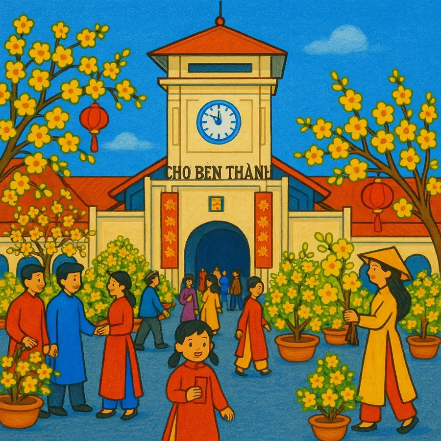 tranh mô phỏng chợ bến thành 