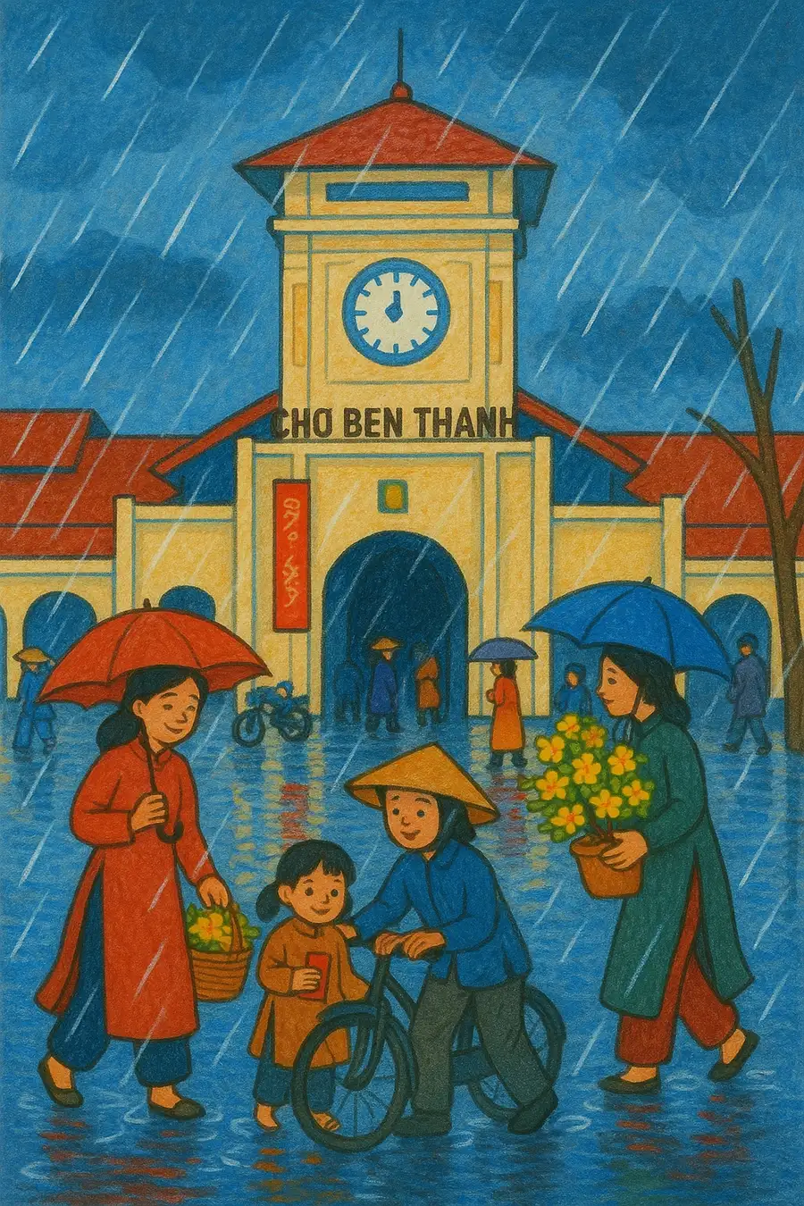 hình chợ bến thành trong tranh vẽ 
