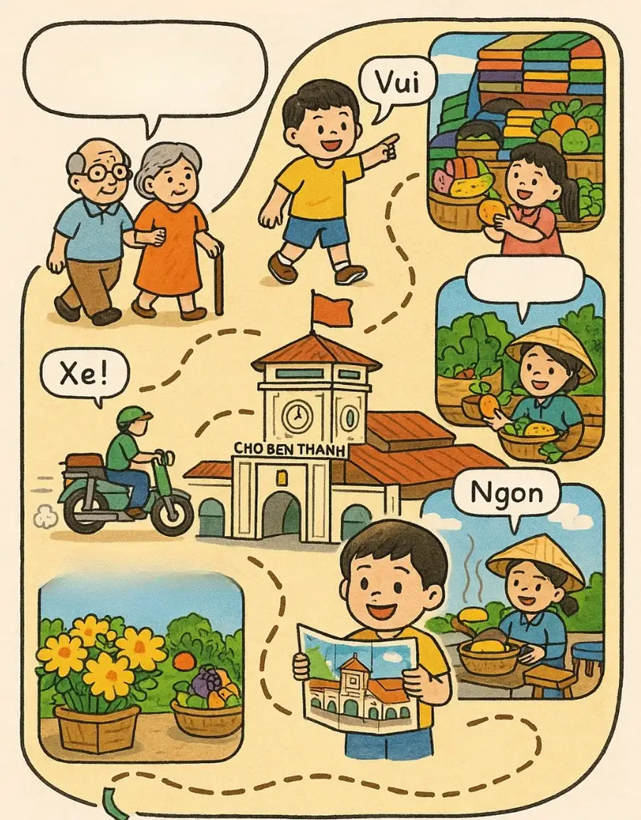 chợ bến thành được vẽ bằng tay 