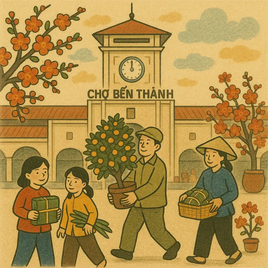 vẽ chợ bến thành bằng tay đơn giản 