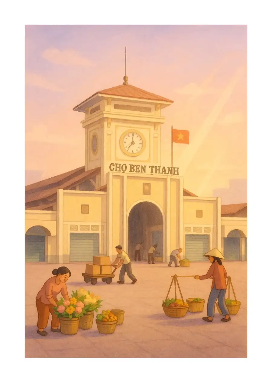 tranh về chợ bến thành đơn giản