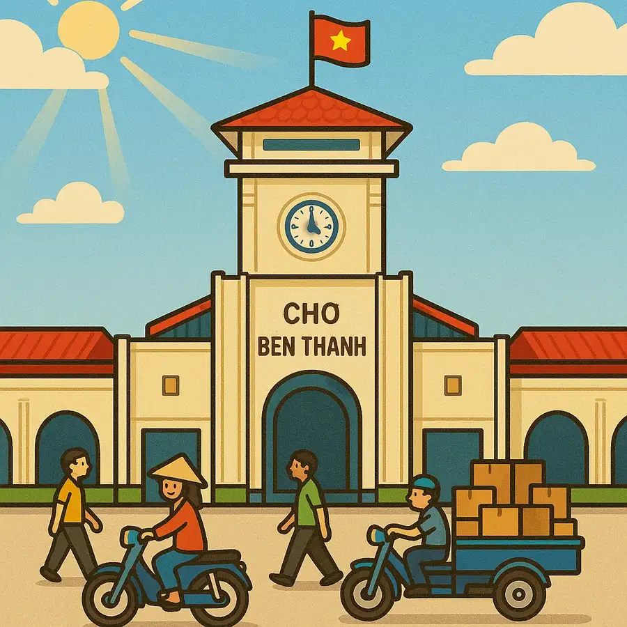 tranh vẽ chợ bến thành đơn giản đẹp