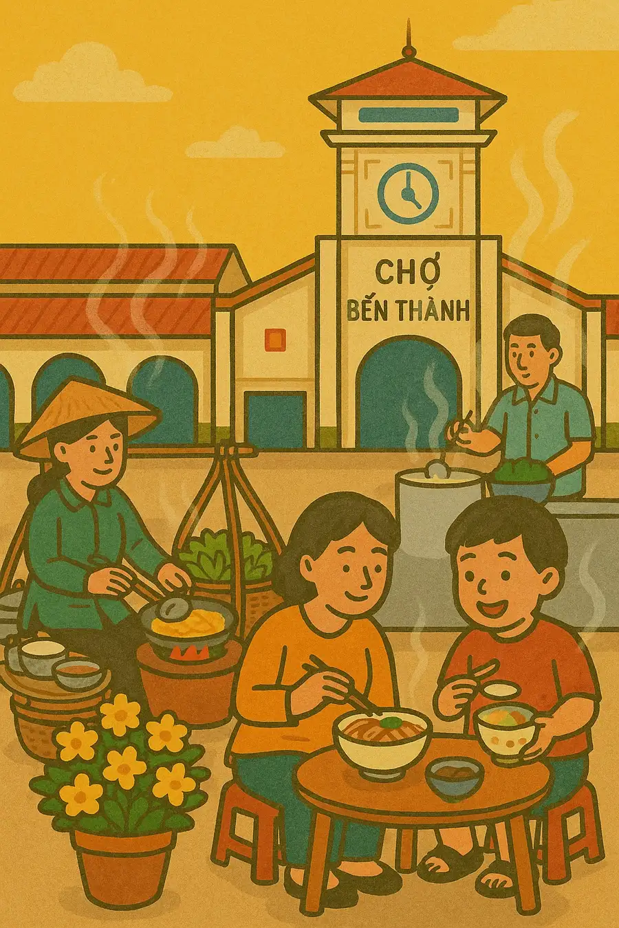 vẽ tranh chợ bến thành phong cảnh sài gòn 