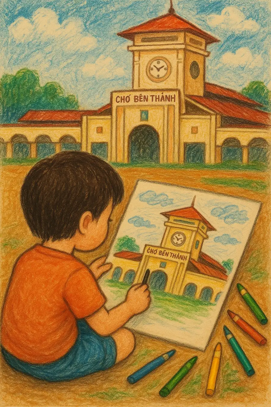 chợ bến thành tranh vẽ cho học sinh