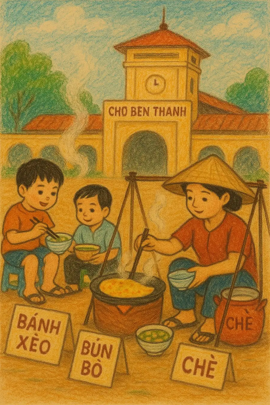 vẽ tranh đề tài chợ bến thành 