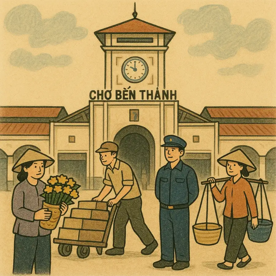 hình vẽ tay chợ bến thành đẹp mắt