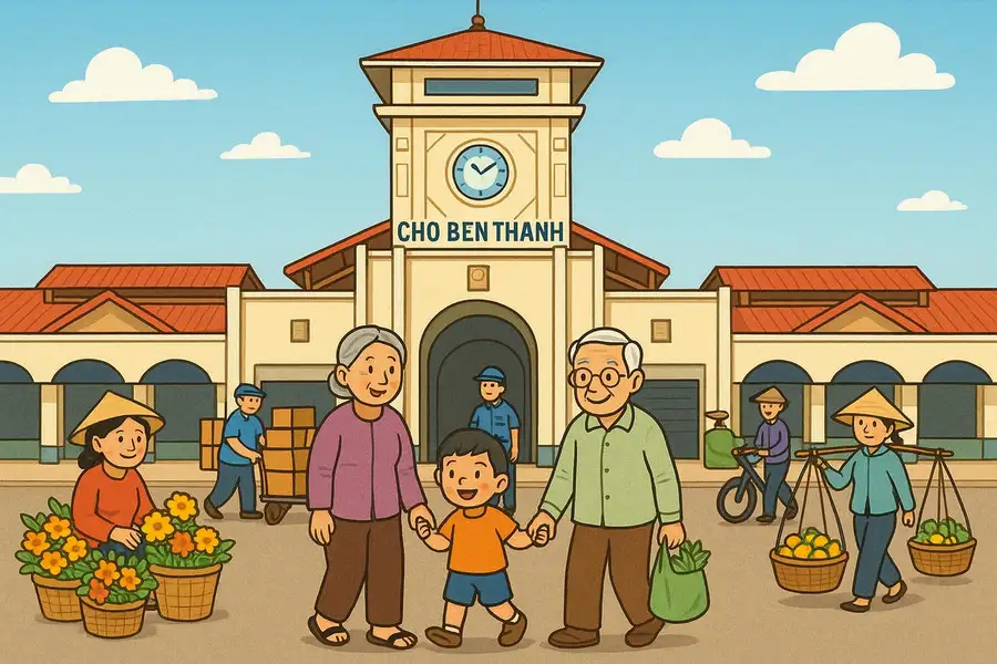 vẽ tranh chợ bến thành đơn giản