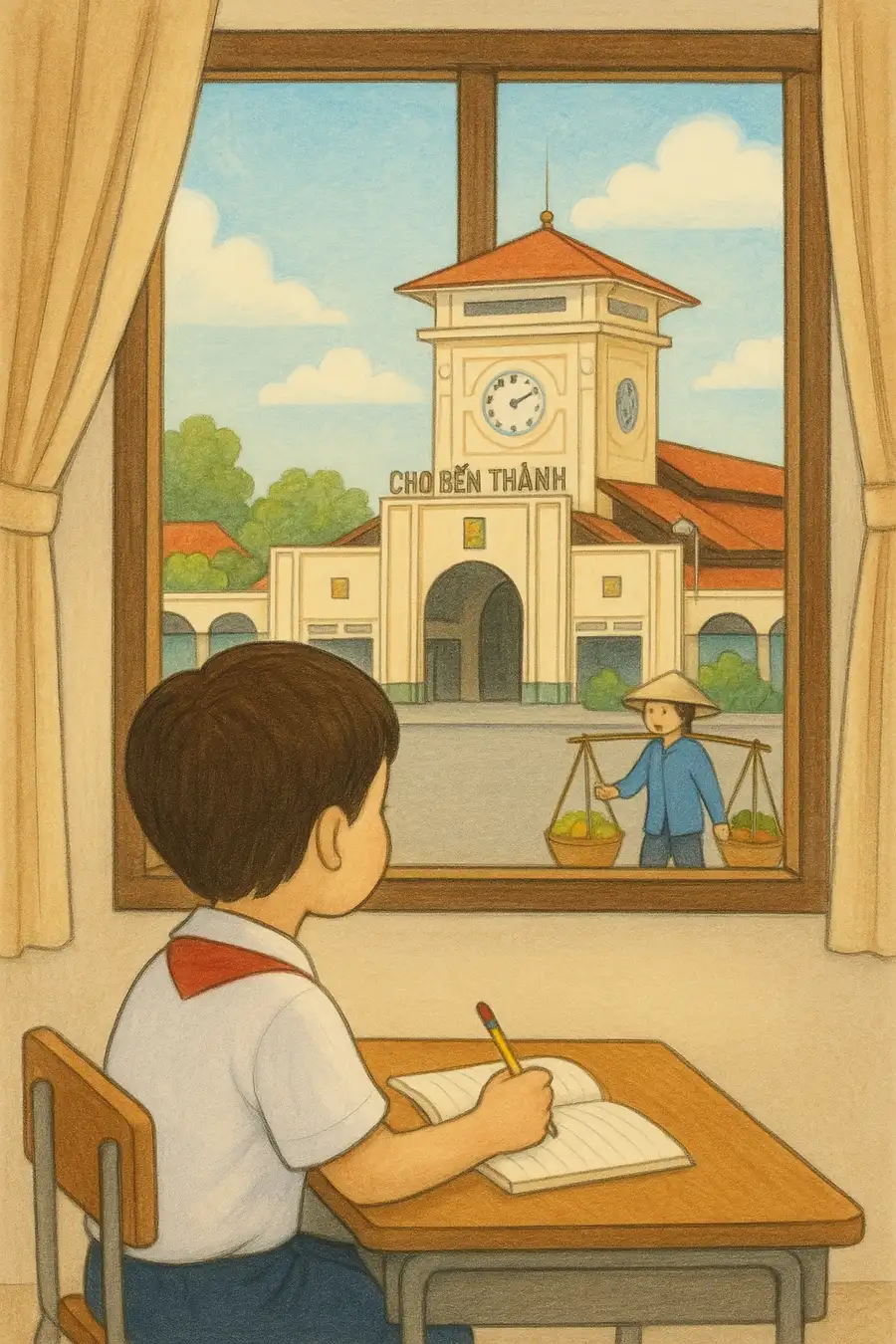 tranh vẽ chợ bến thành cho học sinh 