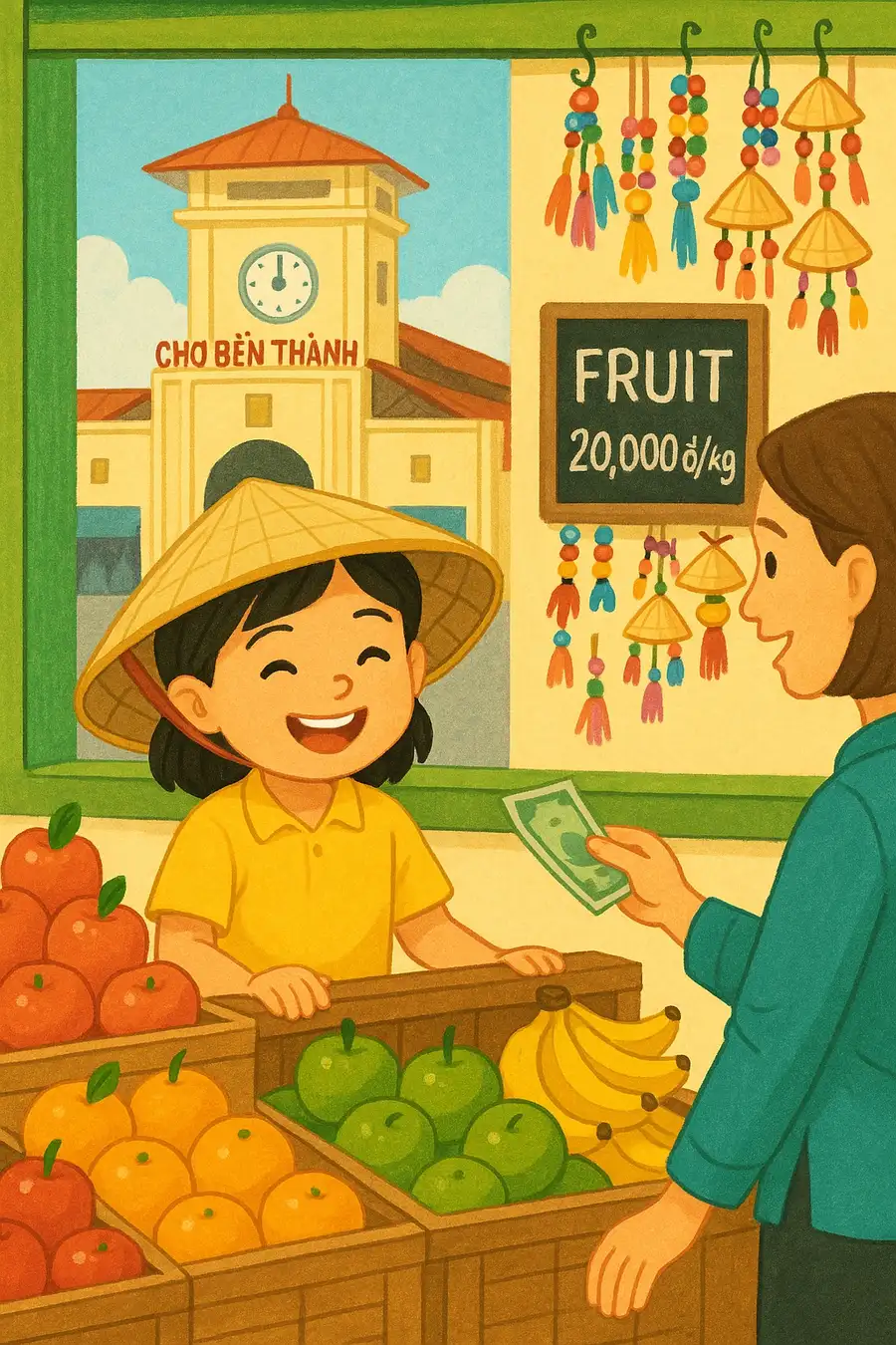 vẽ tranh phong cảnh đơn giản chợ bến thành 