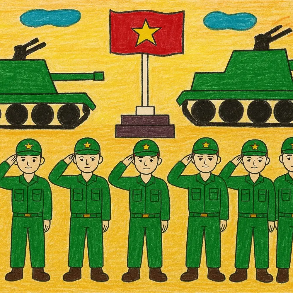 tranh vẽ chú bộ đội đang hành quân