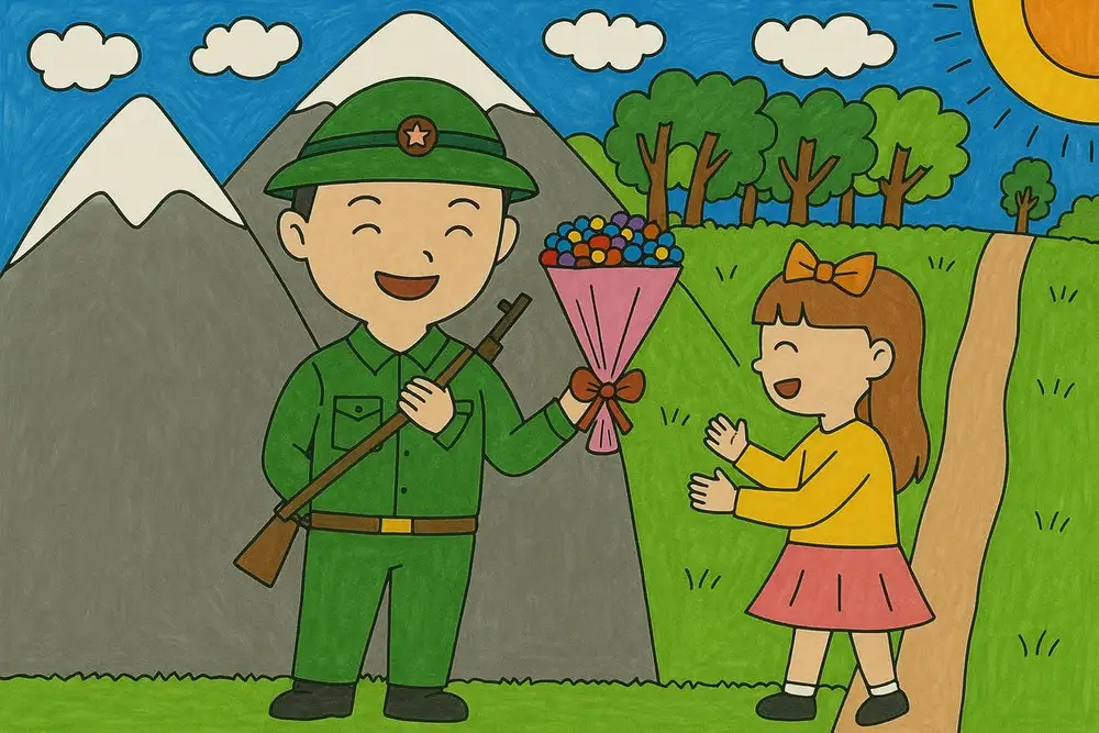 tranh vẽ chú bộ đội đứng gác