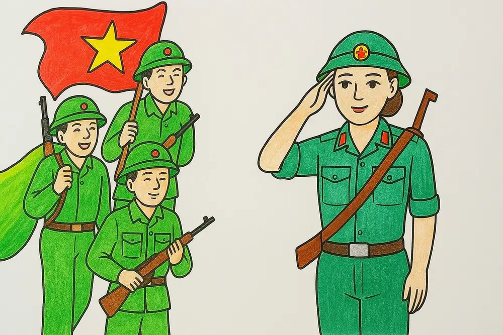 chú bộ đội tranh vẽ với học sinh