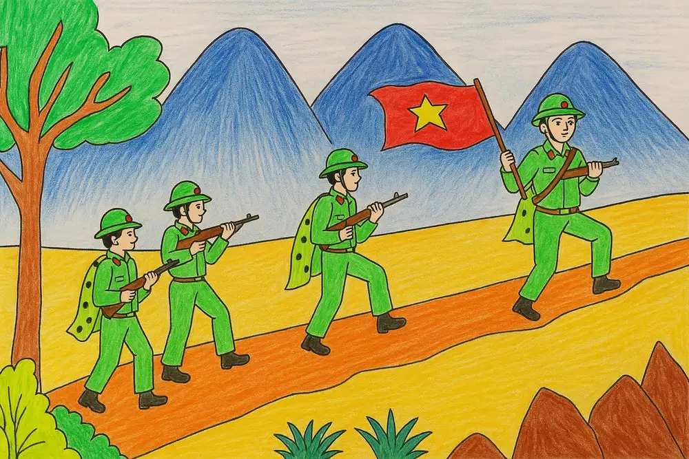 chú bộ đội tranh vẽ với lá cờ
