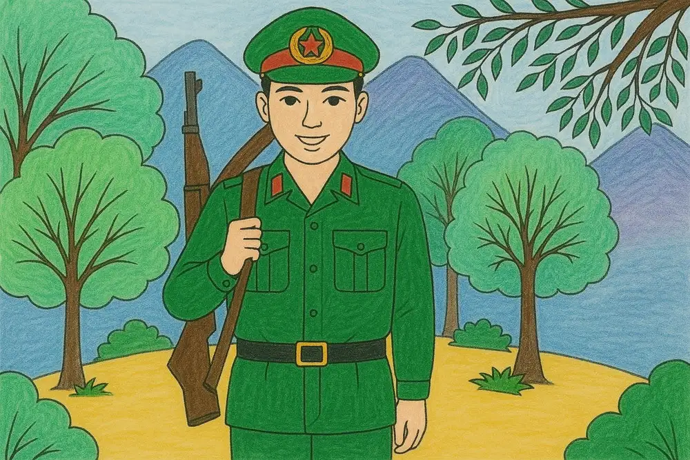 tranh vẽ chú bộ đội trong rừng