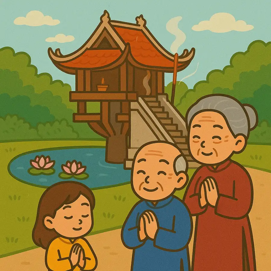 chùa một cột tranh vẽ cổ kính
