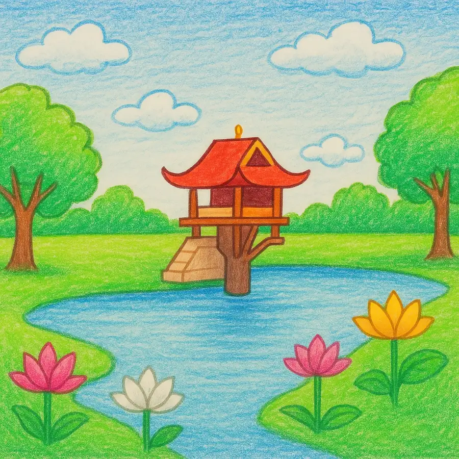 bức tranh vẽ chùa một cột với kiến trúc truyền thống 