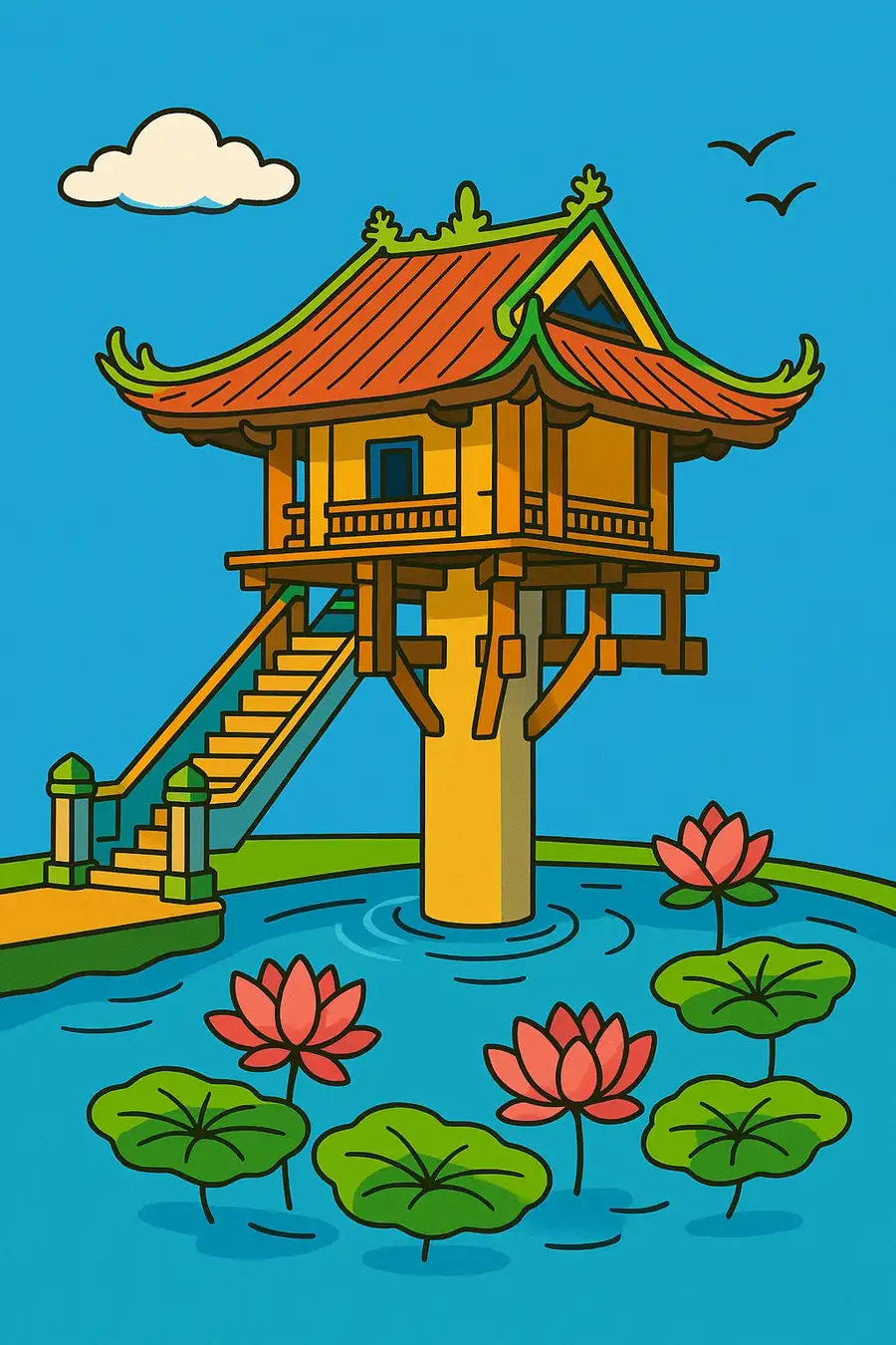 hình vẽ chùa một cột theo phong cách hoạt hình 