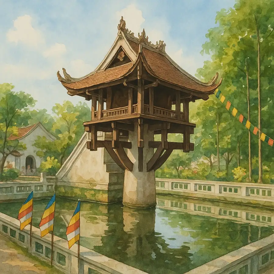 vẽ chùa một cột trong khung cảnh mùa thu 