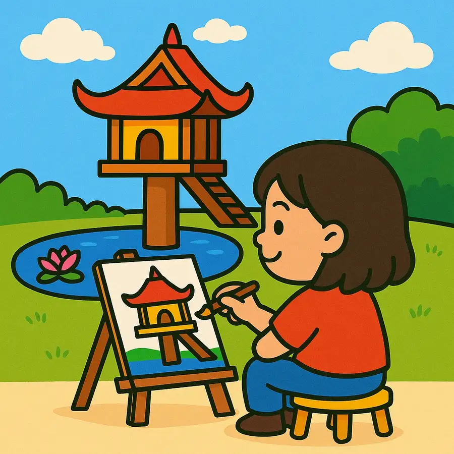 tranh vẽ chùa 1 cột đơn giản