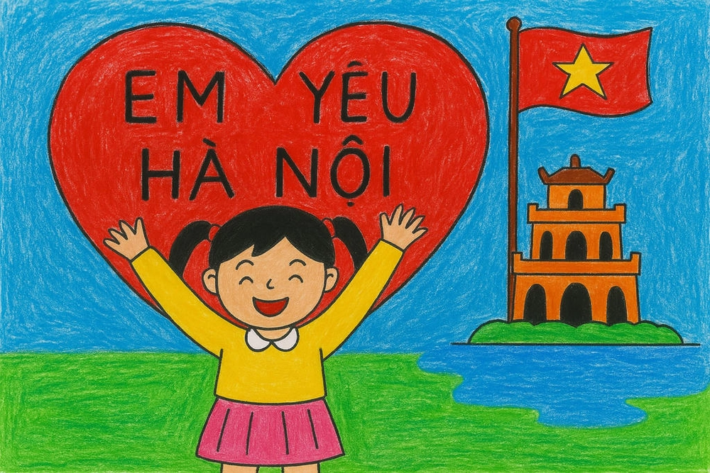 tranh vẽ em yêu hà nội hồ gươm nhẹ nhàng 