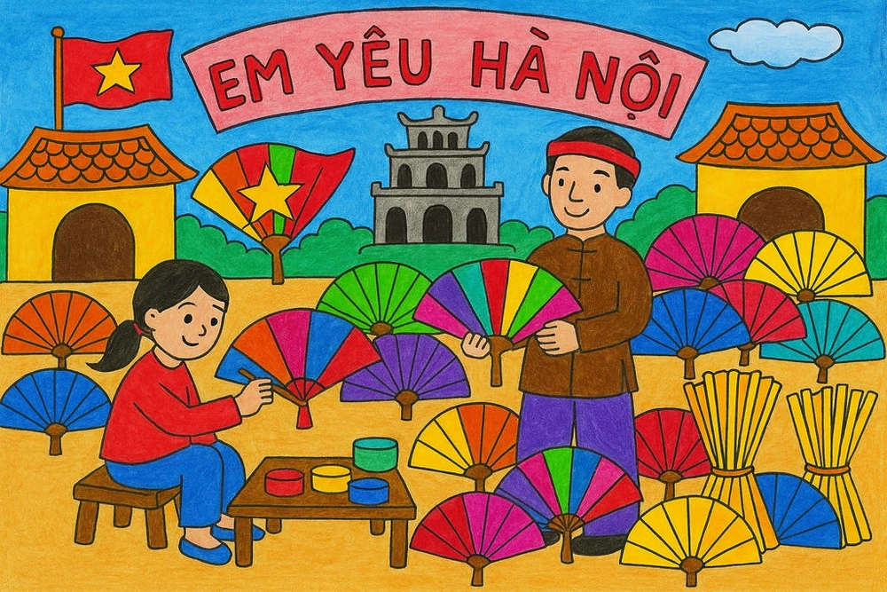 tranh màu vẽ hà nội trong em 