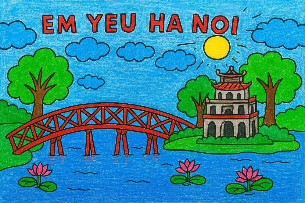 bức tranh vẽ em yêu hà nội hồ gươm cổ kính 