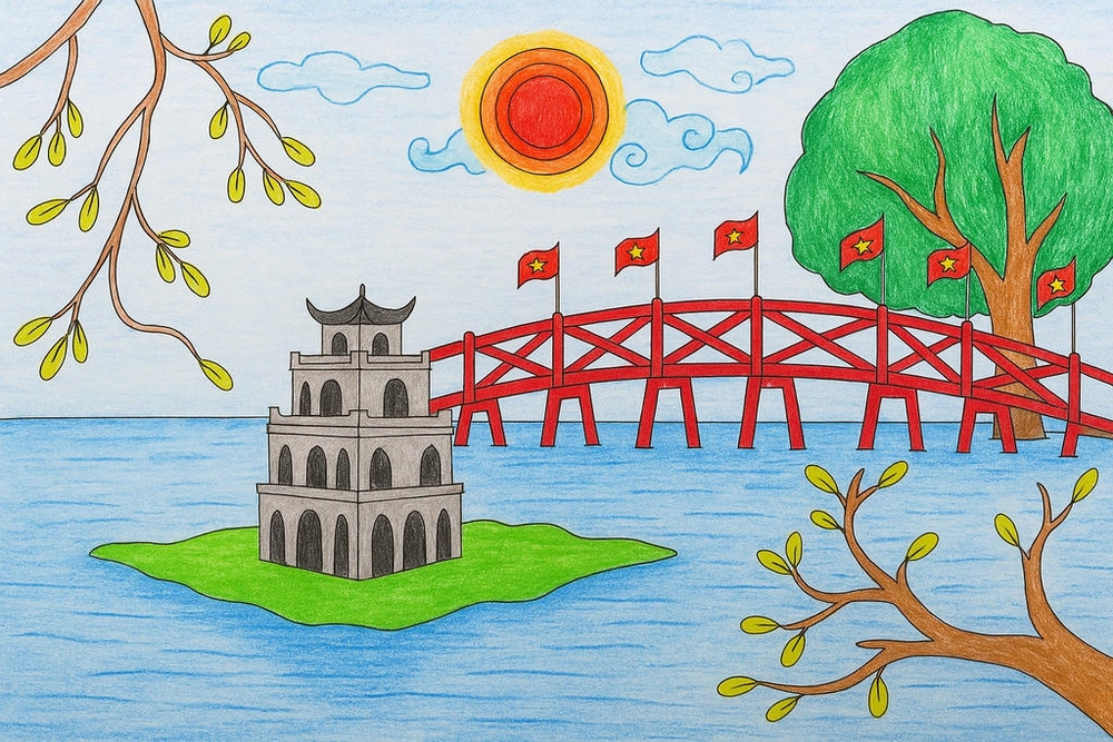 tranh màu nước vẽ tranh em yêu hà nội hồ gươm 