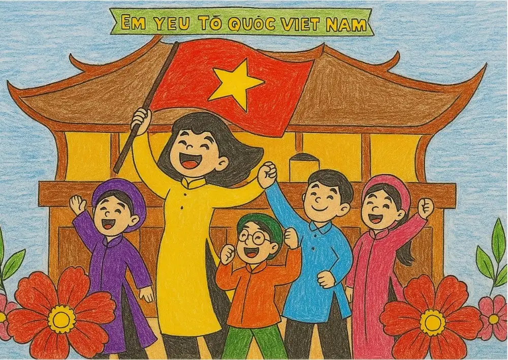 vẽ em yêu tổ quốc việt nam với lá cờ tung bay 