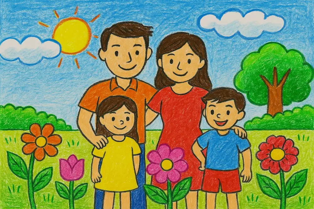 vẽ tranh gia đình 4 người, tình cảm ấm áp. 