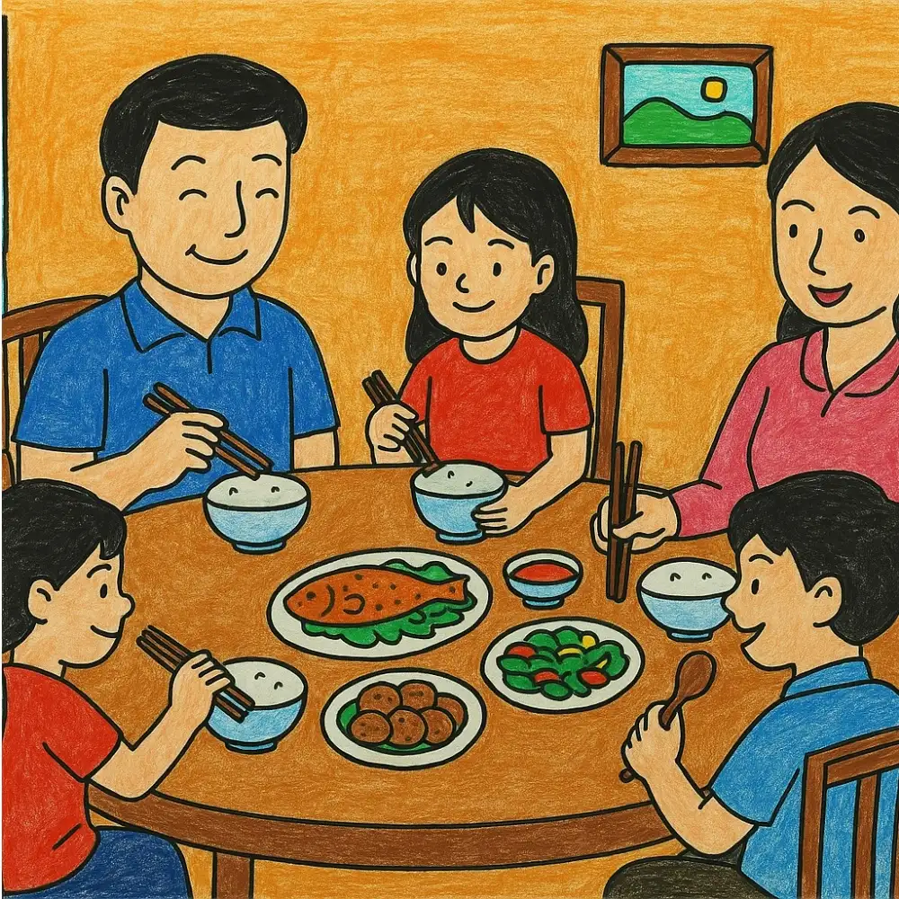 tranh vẽ gia đình trong sinh hoạt hằng ngày. 