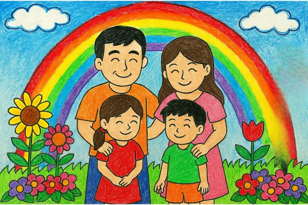 vẽ tranh gia đình 4 người đang sinh hoạt. 