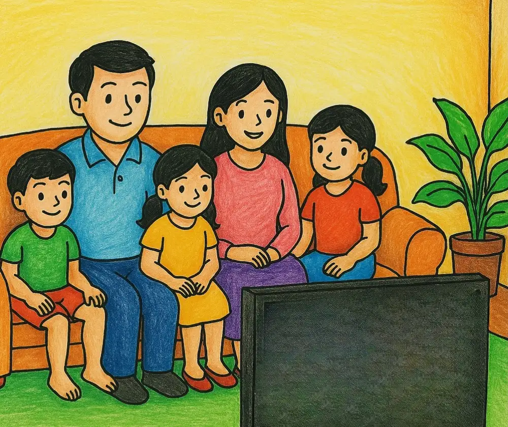 hình ảnh tranh vẽ gia đình 5 người đoàn tụ. 