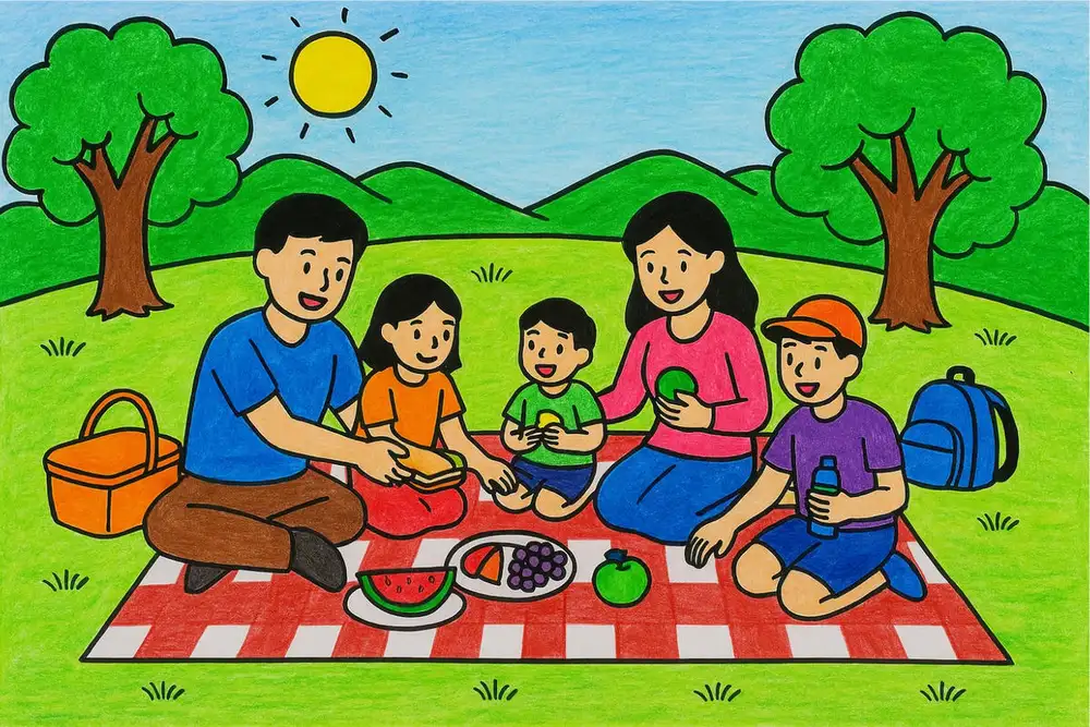 vẽ tranh gia đình đang đi picnic 