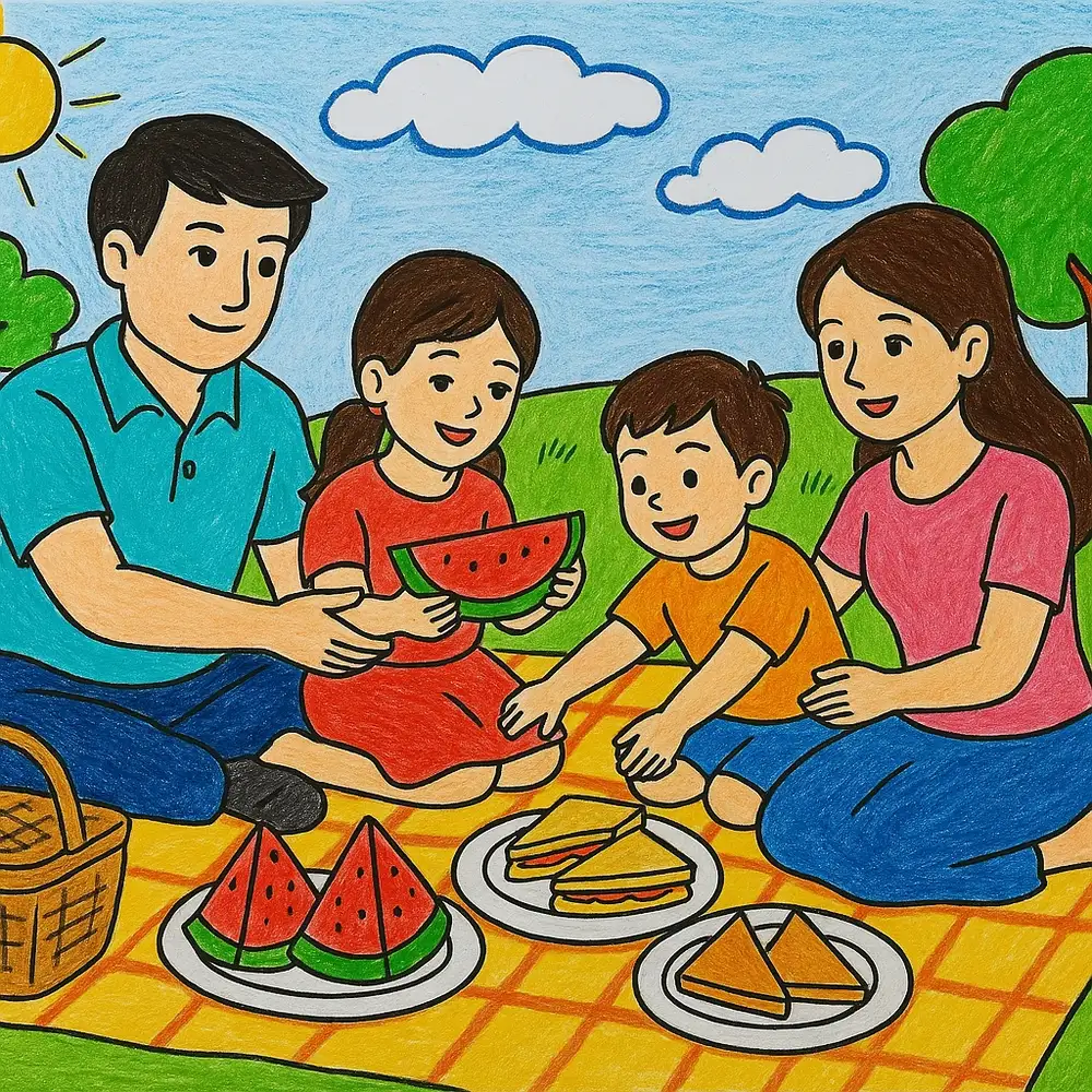 tranh vẽ gia đình đi dã ngoại. 