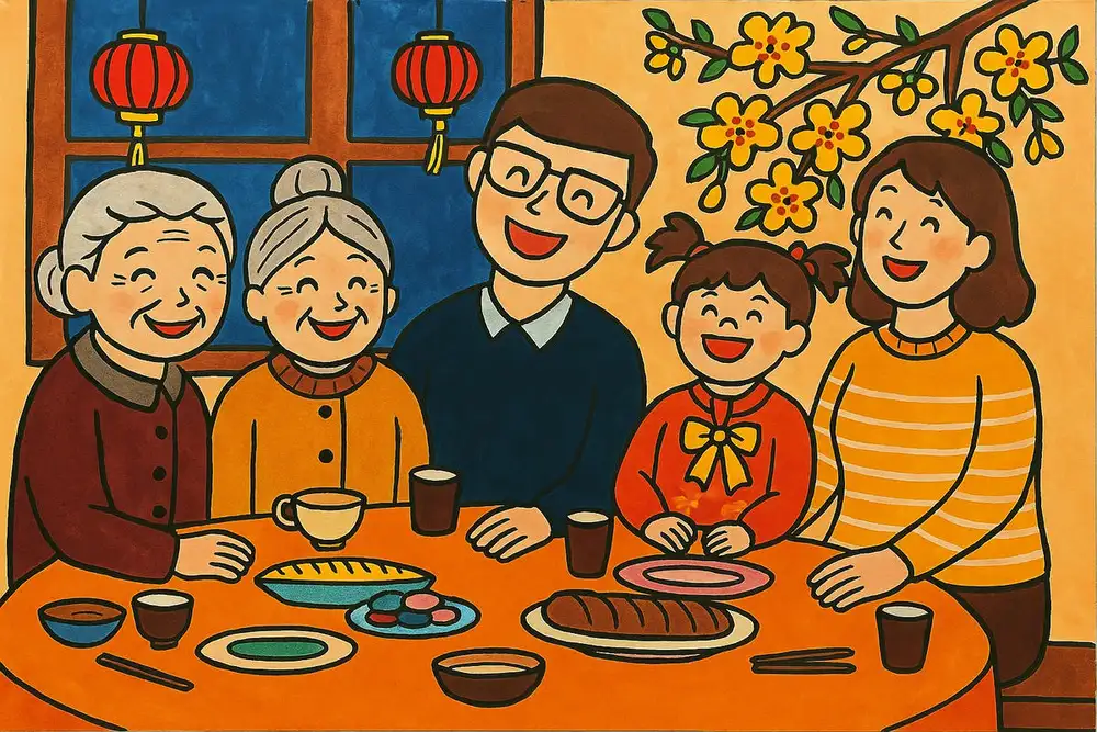 tranh vẽ gia đình ăn cơm, quây quần bên nhau. 